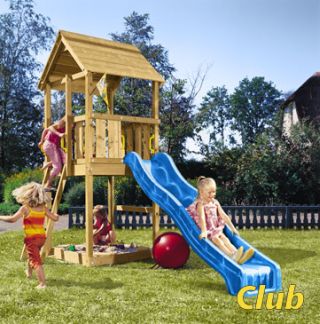 dětské hřiště Club s modrou skluzavkou, pískovištěm a stříškou